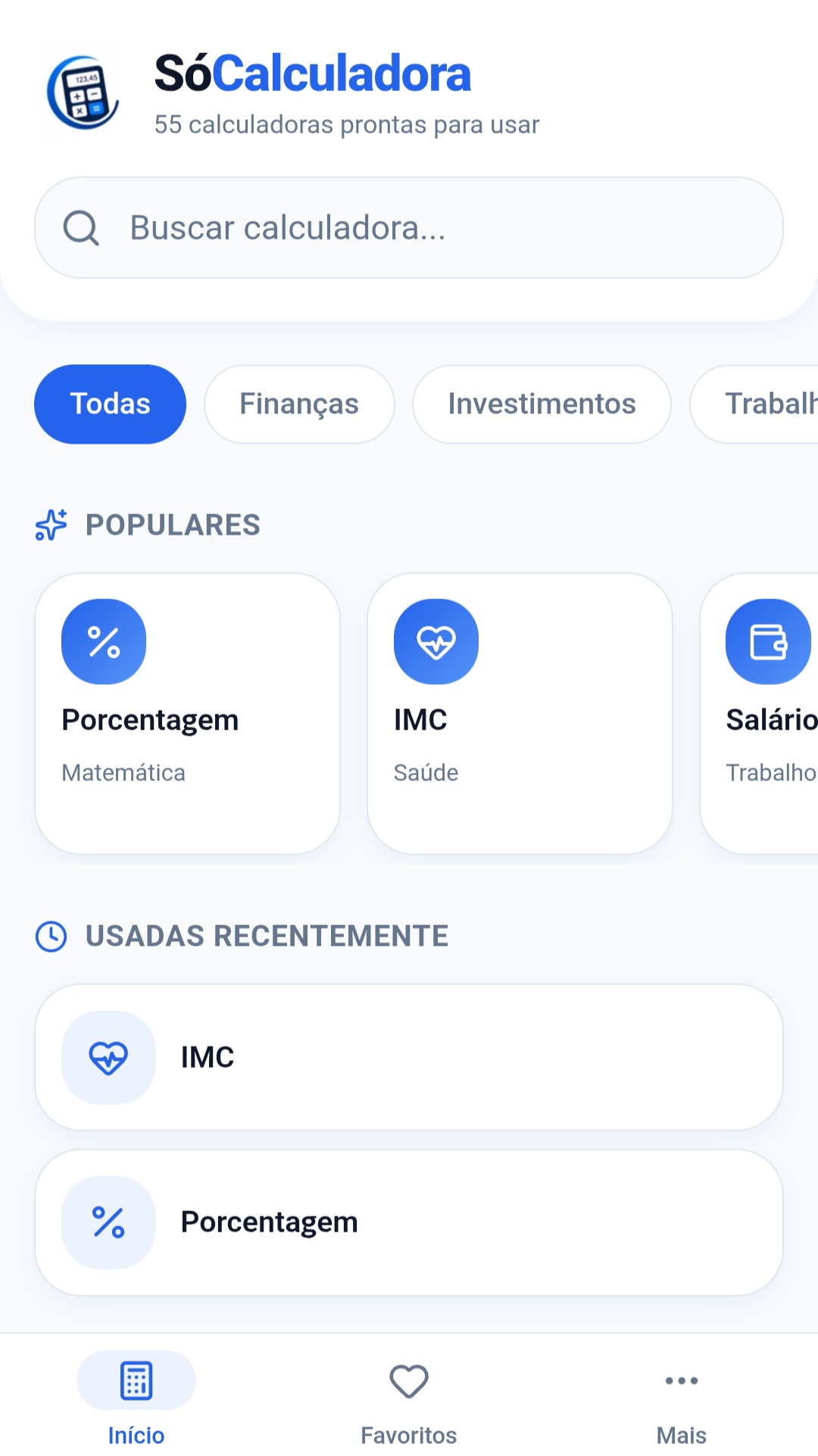 Tela inicial do aplicativo SóCalculadora com busca e calculadoras populares