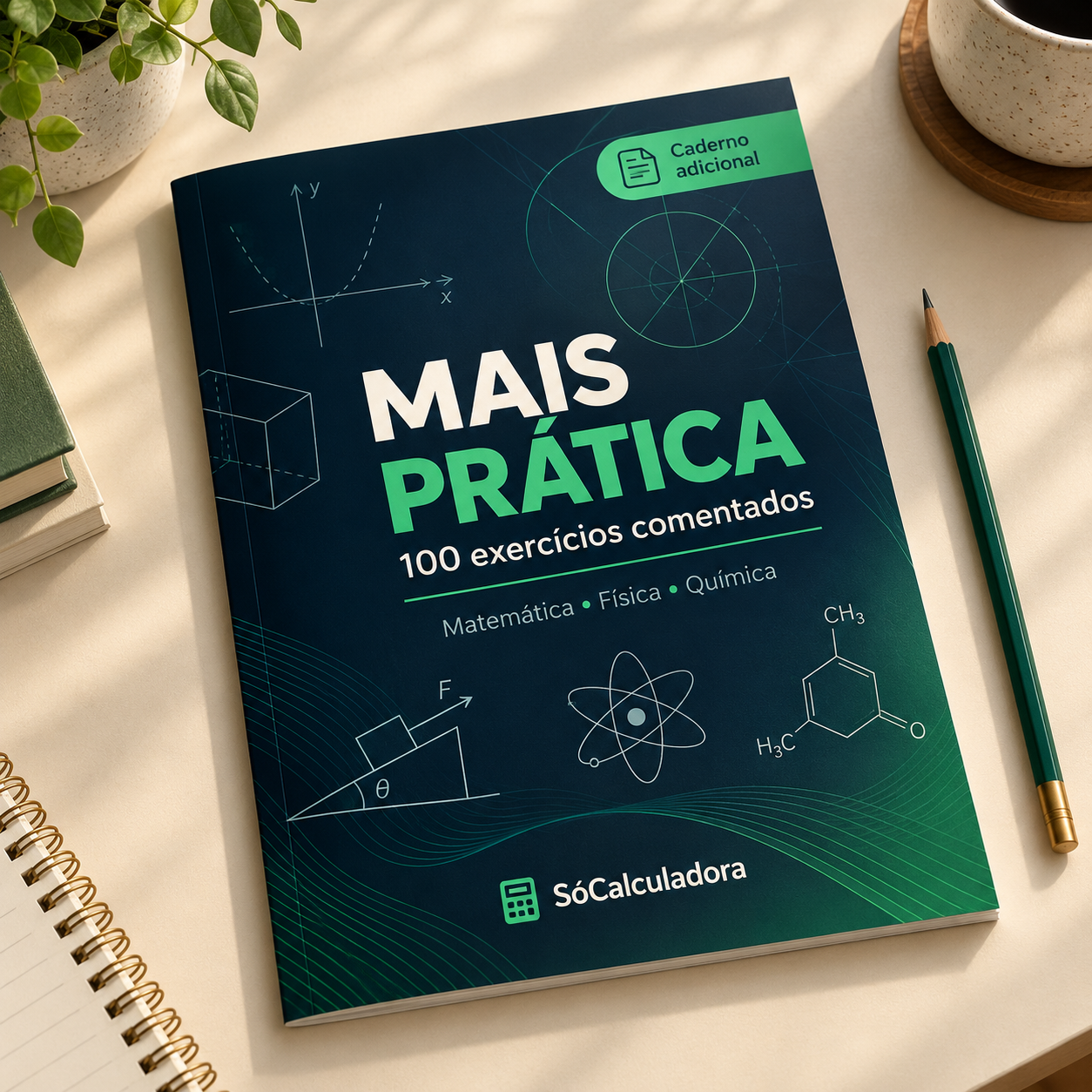 Imagem ilustrativa do caderno digital Mais Prática, com 100 exercícios comentados