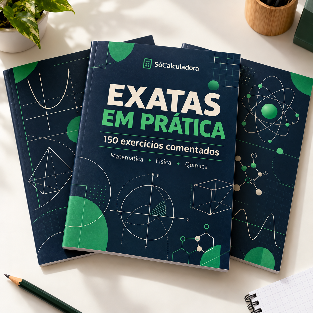 Imagem ilustrativa do pacote digital Exatas em Prática, com capas de Matemática, Física e Química